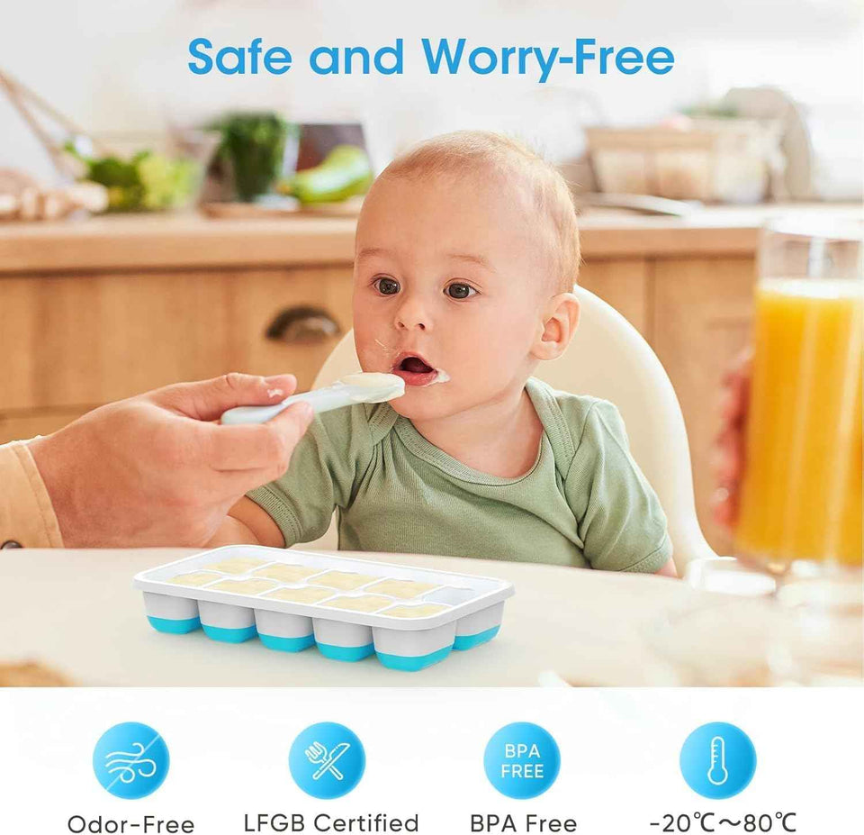 DOQAUS Silicone Ice Cube Trays with Lid & Bin, 4-Pack - Stackable Storage for RV, Soup, Food, Cocktail, Coffee