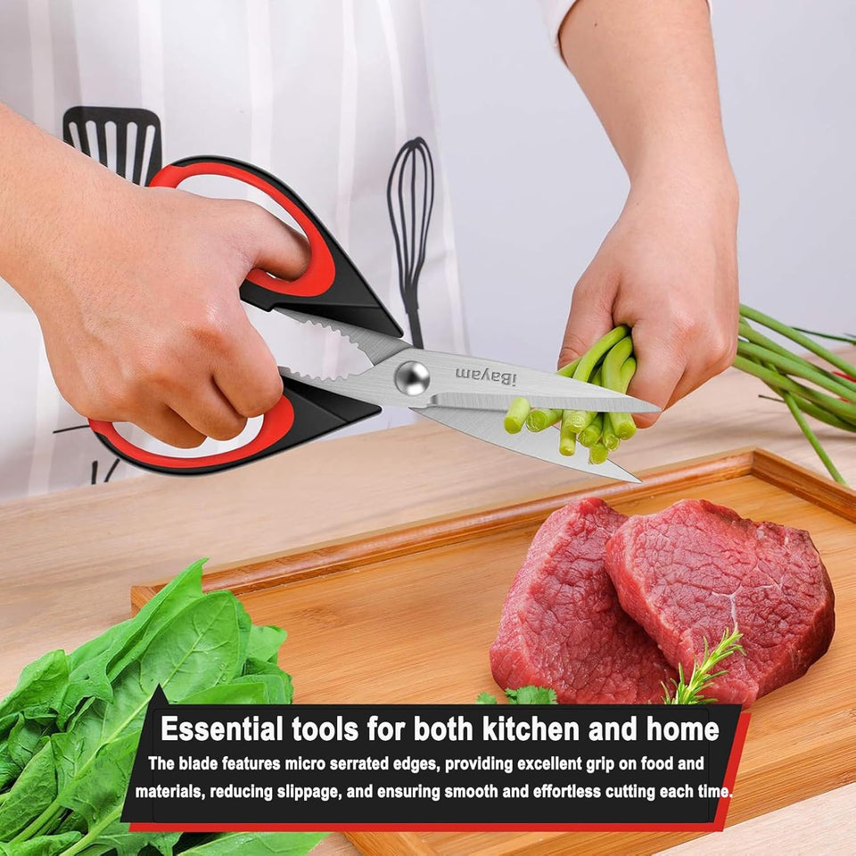 iBayam Kitchen Scissors All Purpose Heavy Duty, Kitchen Utensils Set, Stainless Steel Cooking Utensils Gadgets, Meat Poultry Food Shears Dishwasher Safe Utility Tools Home Gift, with Protective Sheath