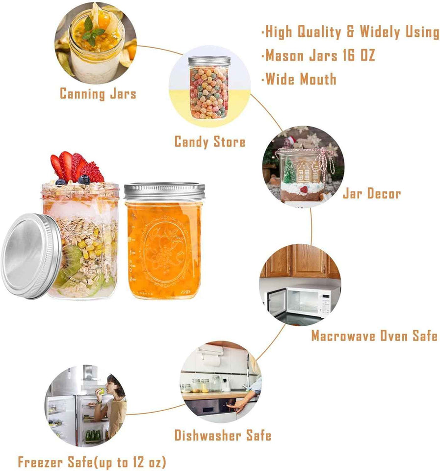 6 Pack 16 oz Wide Mouth Mason Jars with Airtight Lids and Bands for Fermenting, Pickling, Freezing, and Preserving