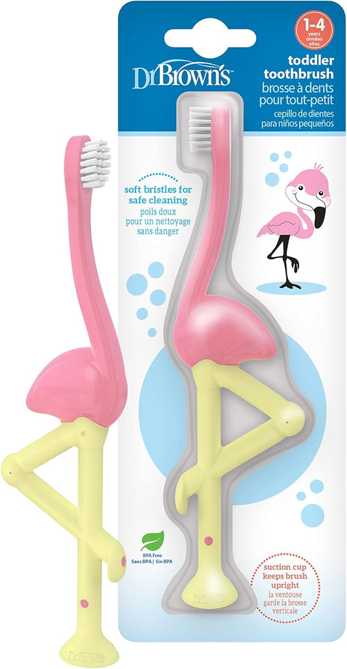 Dr Brown's Baby Toddler Toothbrush Green and Orange Dinosaur 2-Pack Ages 1-4 Years Soft Bristles Suction Cup Base