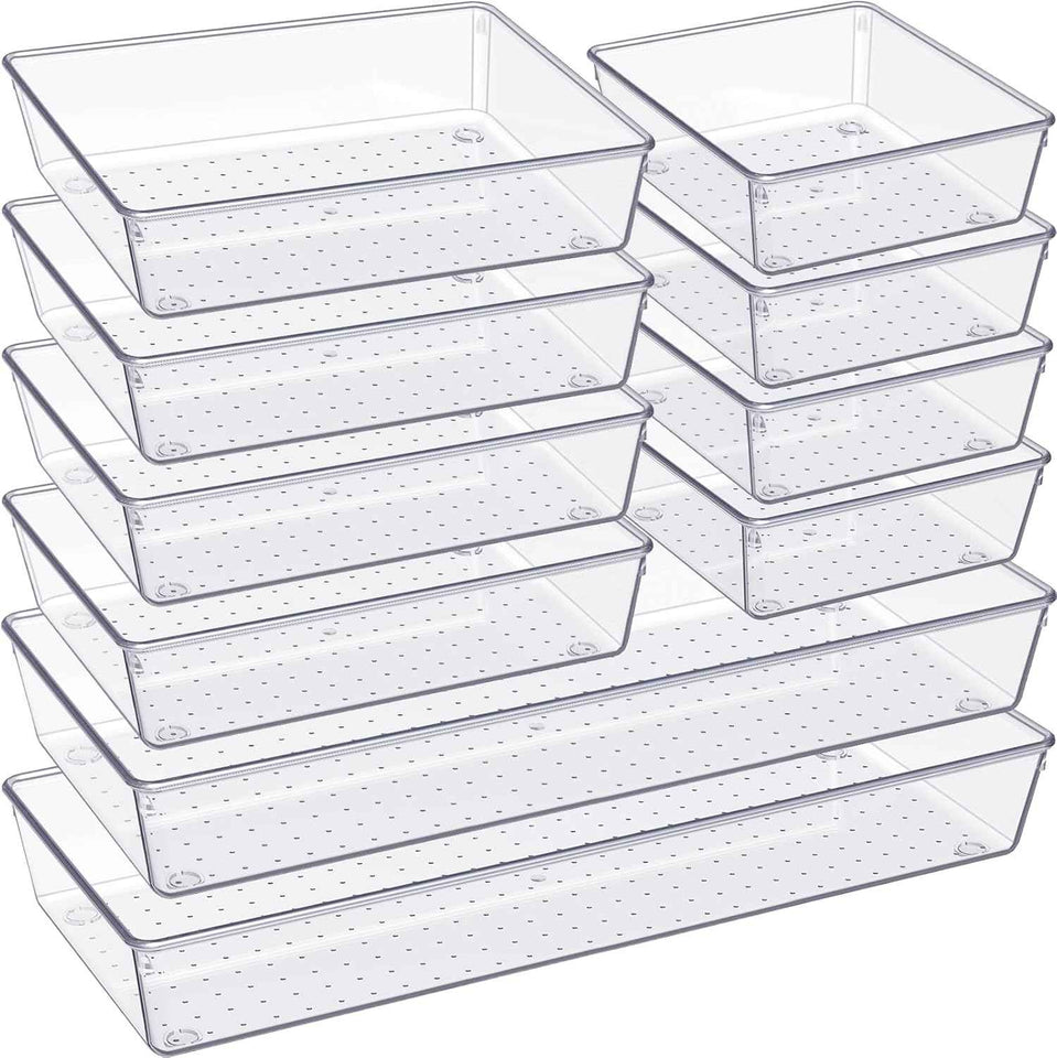 Criusia 10 Pack Large Clear Plastic Drawer Organizer Set 3 Size Versatile Bathroom Vanity Organizer Trays