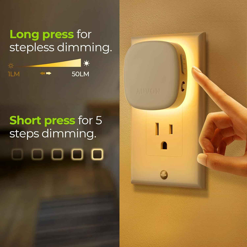 auvon plug-in led backlit night light with motion sensor and dusk to dawn sensor, warm white, adjustable brightness (4 pack)