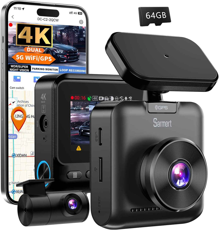 Sarmert C2 4K Dual Dash Cam with built-in GPS, 5G WiFi, and 64GB card for cars with night vision