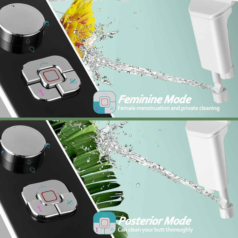 Samodra non-electric cold water bidet toilet seat attachment with pressure controls, retractable nozzles, black finish.