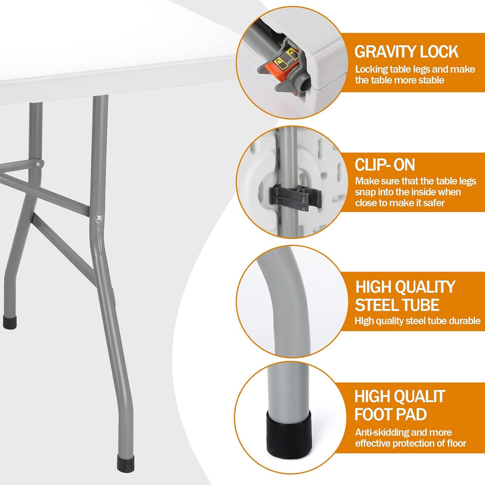 6ft Folding Table - Heavy Duty Portable Table for Parties, Camping & BBQs, Folds in Half for Easy Storage, No Assembly Required, White