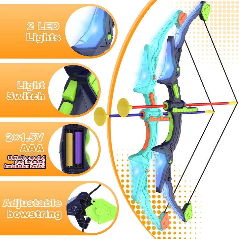 Kmuxilal kids LED bow and arrow set, 2 pack, 14 suction cup arrows, fluorescence target, ideal for indoor and outdoor play, 4-12 year old boys