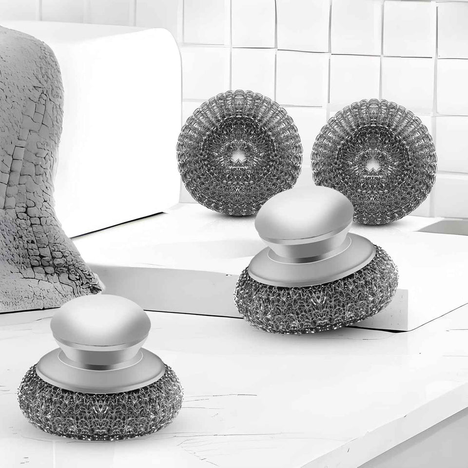 Stainless Steel Wool Scrubber with 2 Replacement Pads for Cleaning Metal Pans, Pots, Grills & More