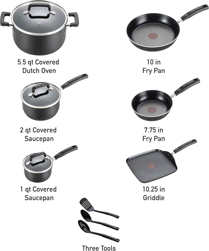 T-fal Signature Nonstick Cookware Set, 12 Piece, Oven Safe, Black, Dishwasher Safe, Kitchen Cooking Set