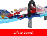 Mattel Disney Pixar Cars GRC Jumping Raceway track set with 2 cars, Lightning McQueen & Francesco Bernoulli, kid-powered booster