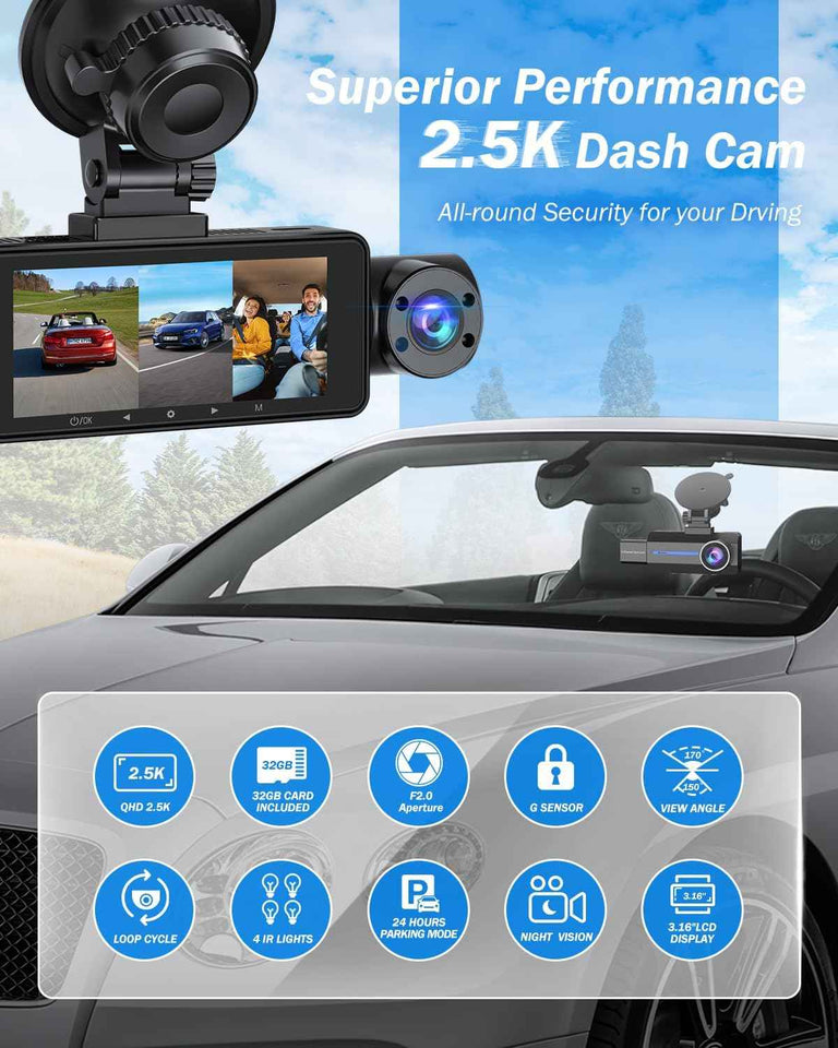 dash cam blue front and rear 2.5k+1440p triple car camera 3 channel with 32gb card