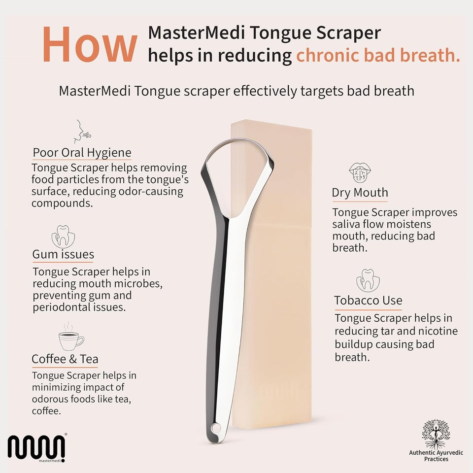mastermedi 100 stainless steel tongue scraper for adults bad breath oral care
