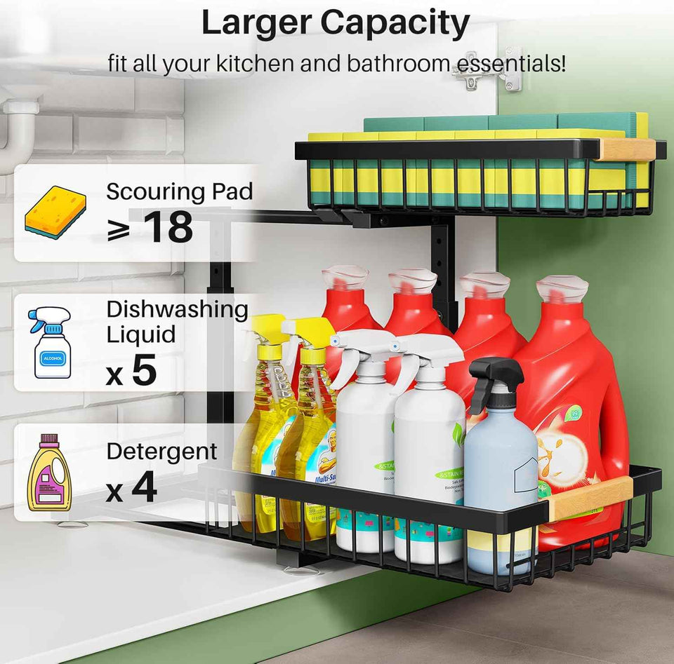 Under Sink Organizer, 2 Packs 2 Tier Under Sink Organizers and Storage, Metal Sliding Drawer for Kitchen Bathroom Pantry Cabinet Closet Organization Rack