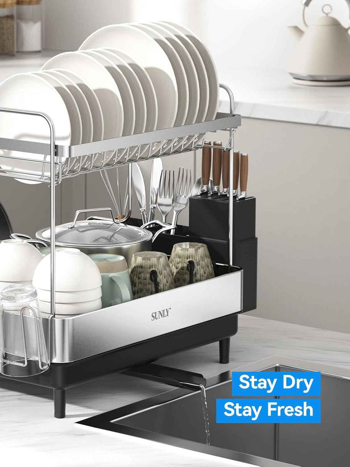 SUNLY 2 Tier Dish Drying Rack, Extra Large Dish Rack, Expandable Dish Racks for Kitchen Counter, Multifunctional Large Dish Drainers for Kitchen Counter, Black
