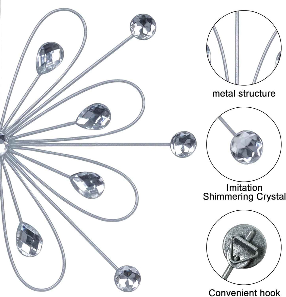 hogardeck Metal Flower Wall Decor, 11inch Silver Metal Jeweled Wall Art Bling Crystal Home Décor, Sun Burst Rhinestone Wall Hanging Diamond Accents for for Indoor, Outdoor, Living Room, Bedroom