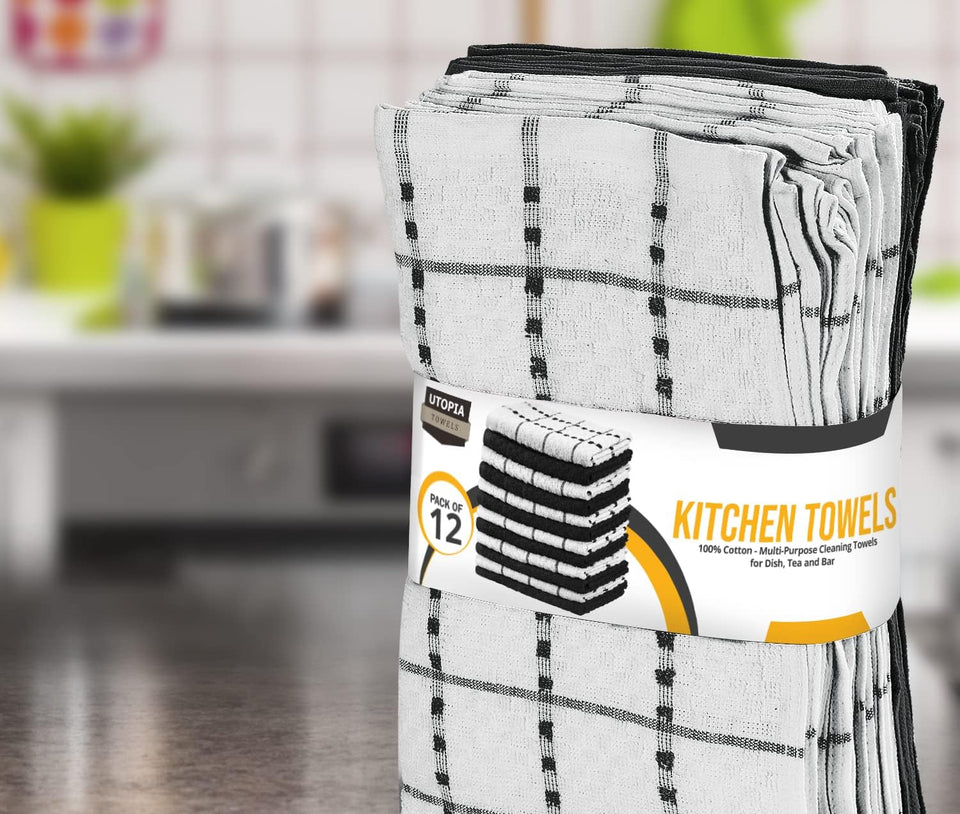 Utopia Towels - Kitchen Towels 12 Pack, 15 x 25 Inches, 100% Ring Spun Cotton Super Soft and Absorbent Linen Dish, Tea and Bar Towels Set, Black