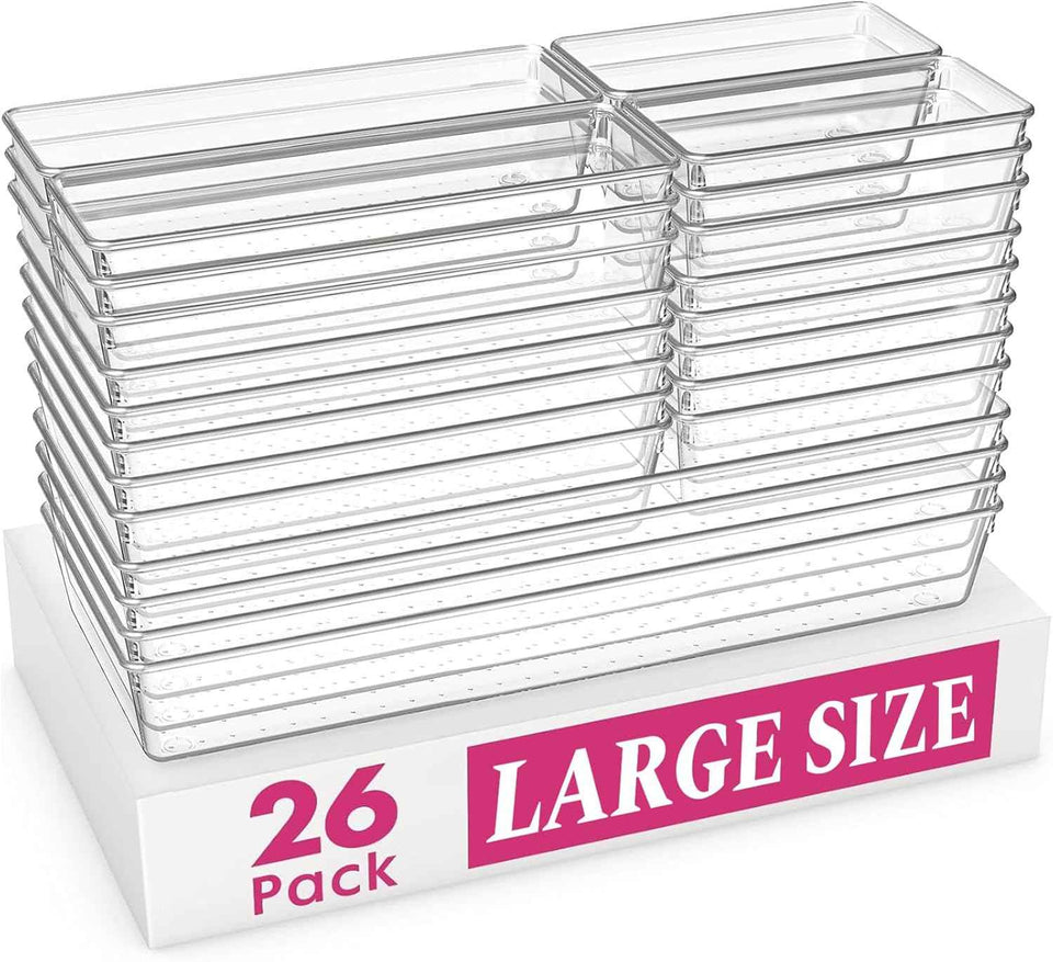 Criusia 26-Pack Large Drawer Organizer Bins - Clear Plastic Kitchen and Bathroom Organizers