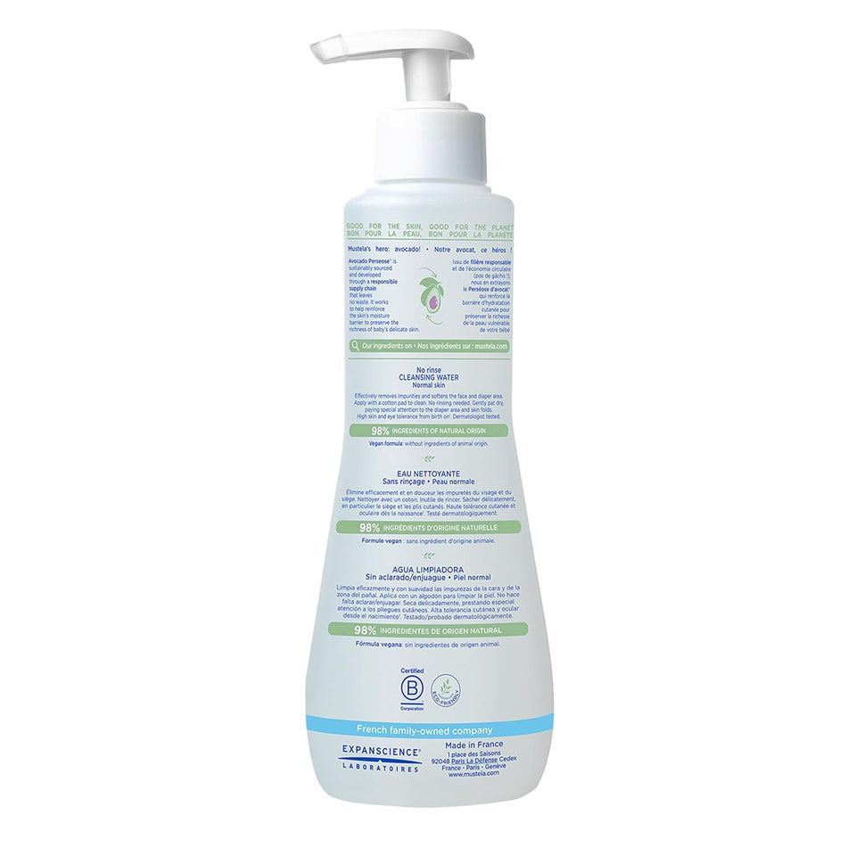 Mustela Baby Cleansing Water - No-Rinse Micellar Water - with Natural Avocado & Aloe Vera - for Baby's Face, Body & Diaper - 1 or 2-Pack - Various Sizes