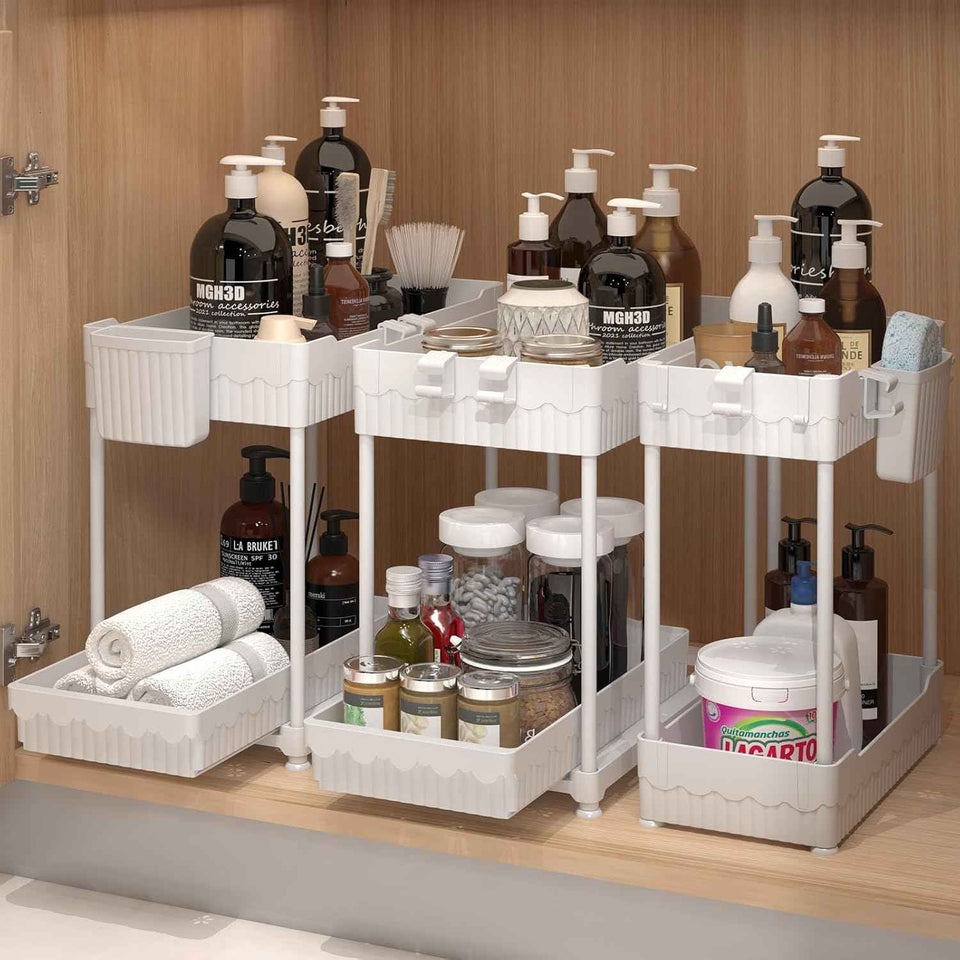3 Pack Under Sink Organizers, 2-Tier Multi-Use Kitchen and Bathroom Organizers and Storage with Sliding Drawers，Bathroom Cabinet Organizer (Black, 12.8 Inch)