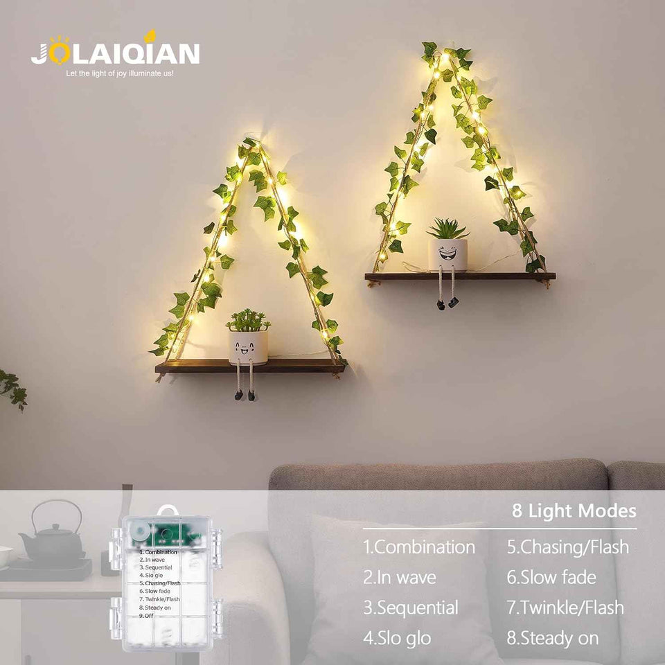 Floating Shelves for Wall, Hanging Shelves with Artificial Ivy LED String Light, No Drilling Hanging Shelf, Wood Hanging Plant Shelves for Wall Décor, Boho Decor, Art Bedroom, Set of 2