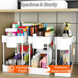 3 Pack Under Sink Organizer, 2 Tier Bathroom Cabinet with Hanging Cups, White, Kitchen & Bathroom Storage