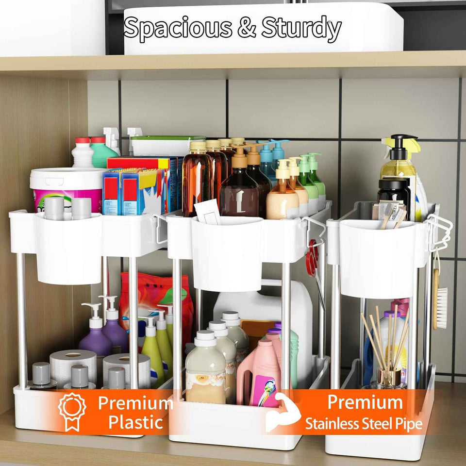3 Pack Under Sink Organizer, 2 Tier Bathroom Cabinet with Hanging Cups, White, Kitchen & Bathroom Storage
