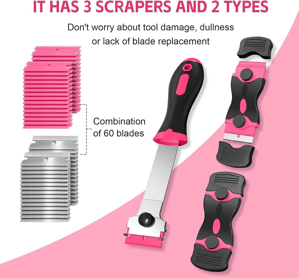 3 Pack Razor Blade Scraper Set with 60 Blades, Multi-Purpose Tool for Glass, Cooktop, Sticker Removal, Paint & Gum Cleaning