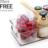 Stackable Refrigerator Organizer Bins, 6 Pack Clear Kitchen Organizer Container Bins with Handles and 20 PCS Plastic Bags for Pantry, Cabinets, Shelves, Drawer, Freezer - Food Safe, BPA Free 10"L