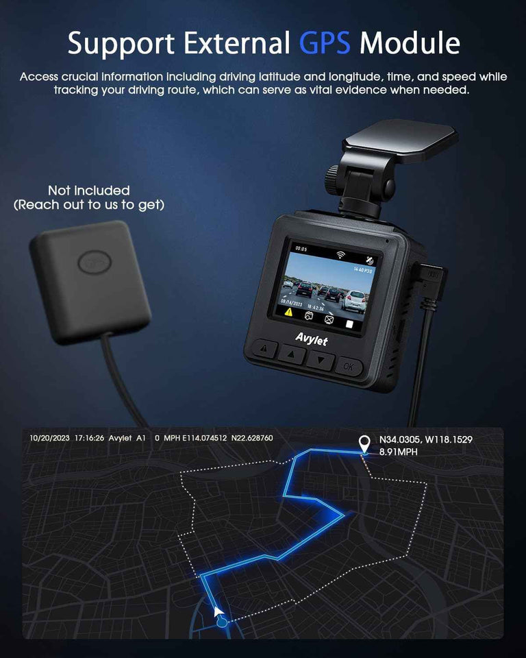 Avylet 2K WiFi dash cam with APP, External GPS, 1.5" IPS screen, WDR night vision, 24H parking monitor, loop recording, and G-sensor for cars