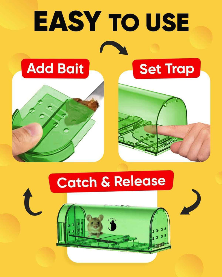 Reusable humane mouse traps, catch and release, easy cleaning, 4 pack with cleaning brush