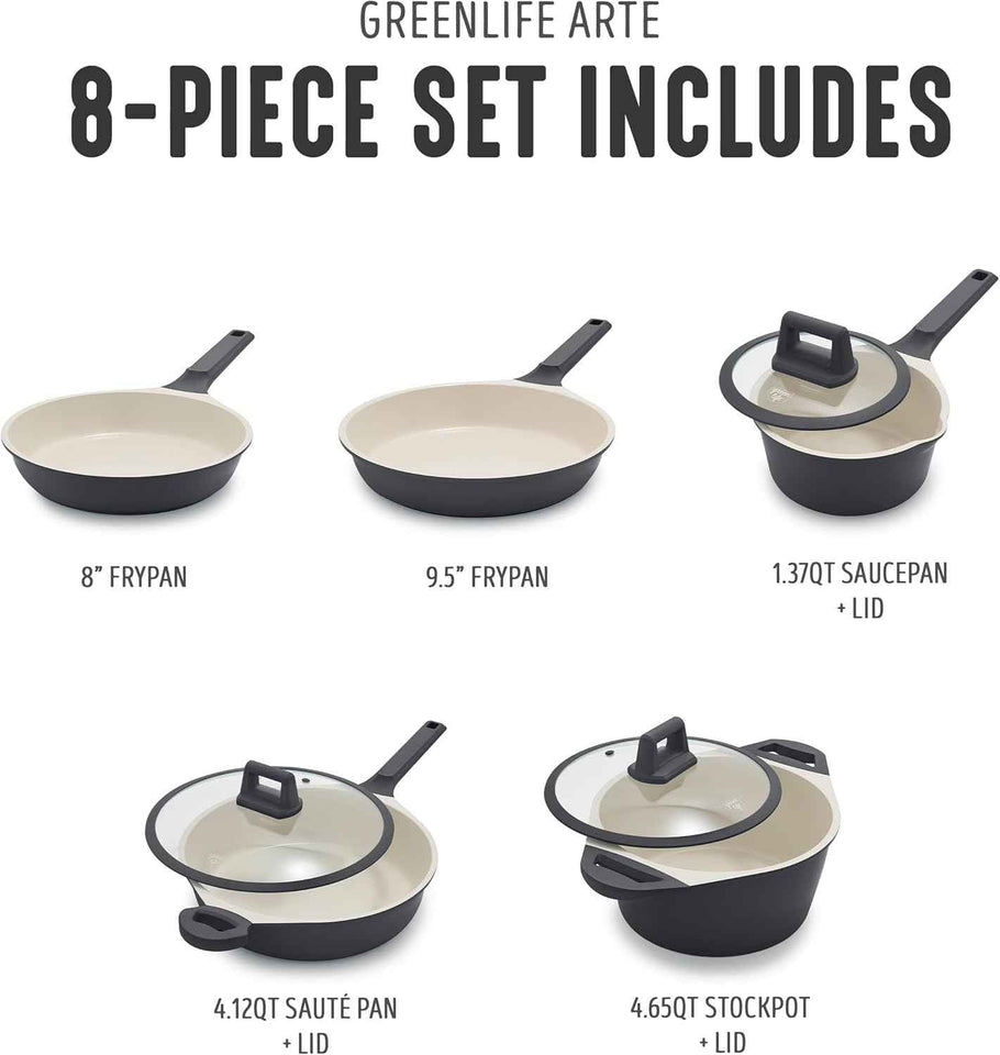 GreenLife 8 Piece Ceramic Nonstick Cookware Set, Induction Suitable Non Toxic PFAS-Free Pots & Pans, Dishwasher Safe, Cooking Set, Stock Pot, Saucepans & Frying Pans, Kitchen Cooking, Graphite