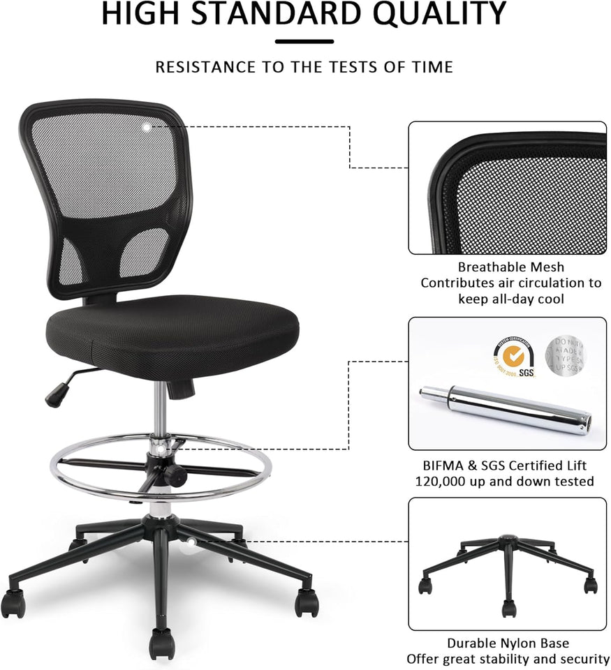 Armless Drafting Chair Tall Office Chair Adjustable Height High Back Ergonomic Desk Chair Drafting Stool Rolling Bar Stools Chairs with Footrest and Wheels