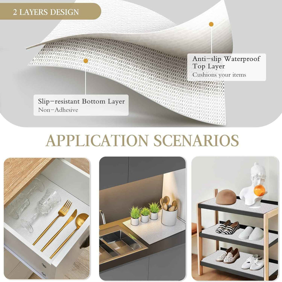 Beautysaid shelf and drawer liner for kitchen, non adhesive, waterproof, washable, thickened shelf paper protector (white, 12 in x 10 ft)