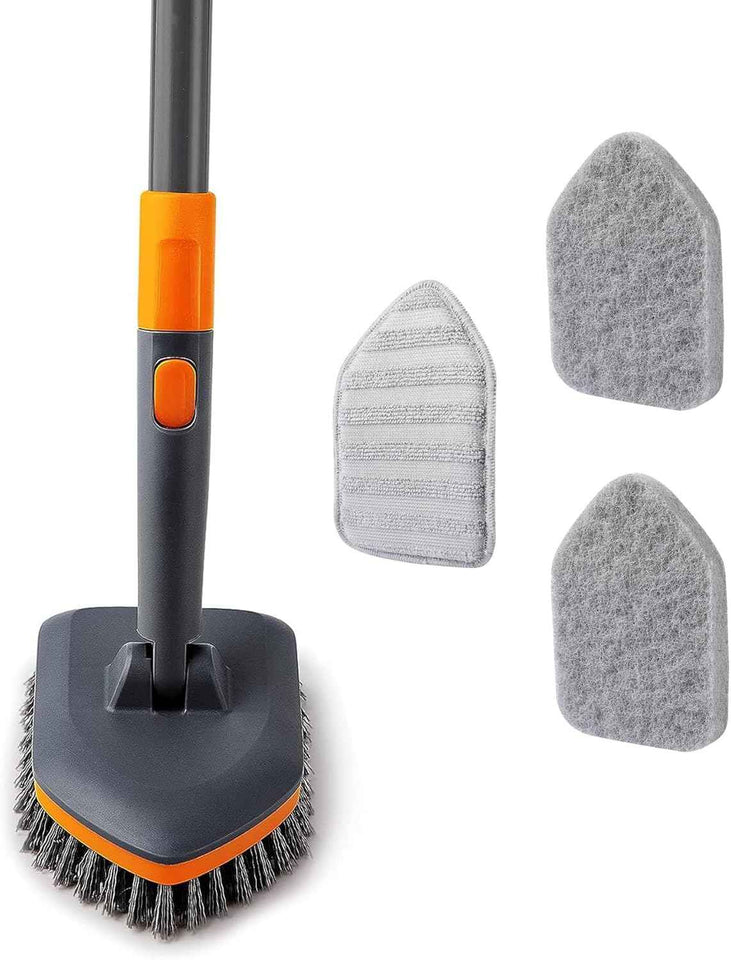 Tile Tub Scrubber Brush - Extendable Long Handle, 3 Cleaning Heads, No-Scratch Shower Scrubber for Bathroom, Kitchen, Toilet