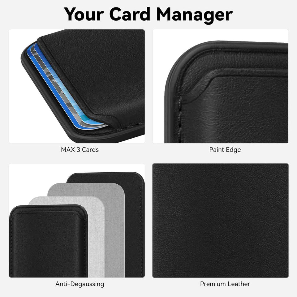 Stronger magnetic RFID leather Mag-Safe card holder for iPhone 16/17/15/14/13/12 Pro/Promax, Mag-Safe accessories, black