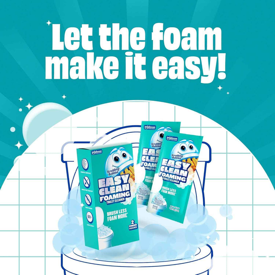 Scrubbing Bubbles easy clean foaming toilet bowl cleaner, 2 x 100g easy drop in powder pouches, quick cleaning
