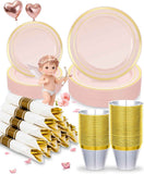BESTVIP 700PCS Gold Plastic Dinnerware Set for 100 Guests, Disposable Plates for Party, Include: 200 Plastic Plates, 100 Pre Rolled Napkins with Gold Silverware, 100 Cups for Christmas, Halloween