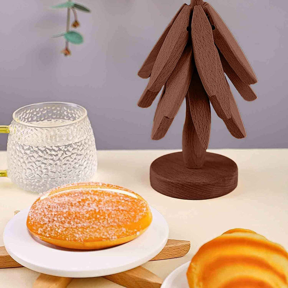 Wooden Tree Shape Coasters and Trivet Set, 4 Wooden Trivets + 1 Stand, Brown