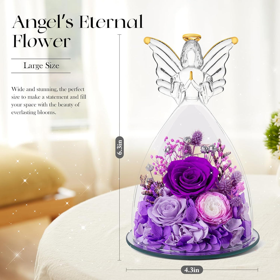 Mothers Day Roses Gifts for Mom Forever Preserved Real Roses Flowers in Glass Angel Figurines Fresh Flowers for Delivery for Grandma Women Mom Wife from Daughter/Purple