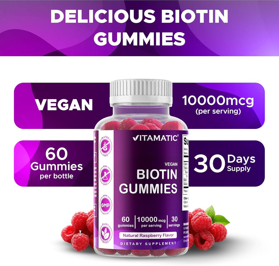 Vitamatic Biotin Gummies 10,000 mcg for Stronger Hair, Skin & Nails - 60 Vegan Gummies - Also Called Vitamin B7 (1 Bottle)