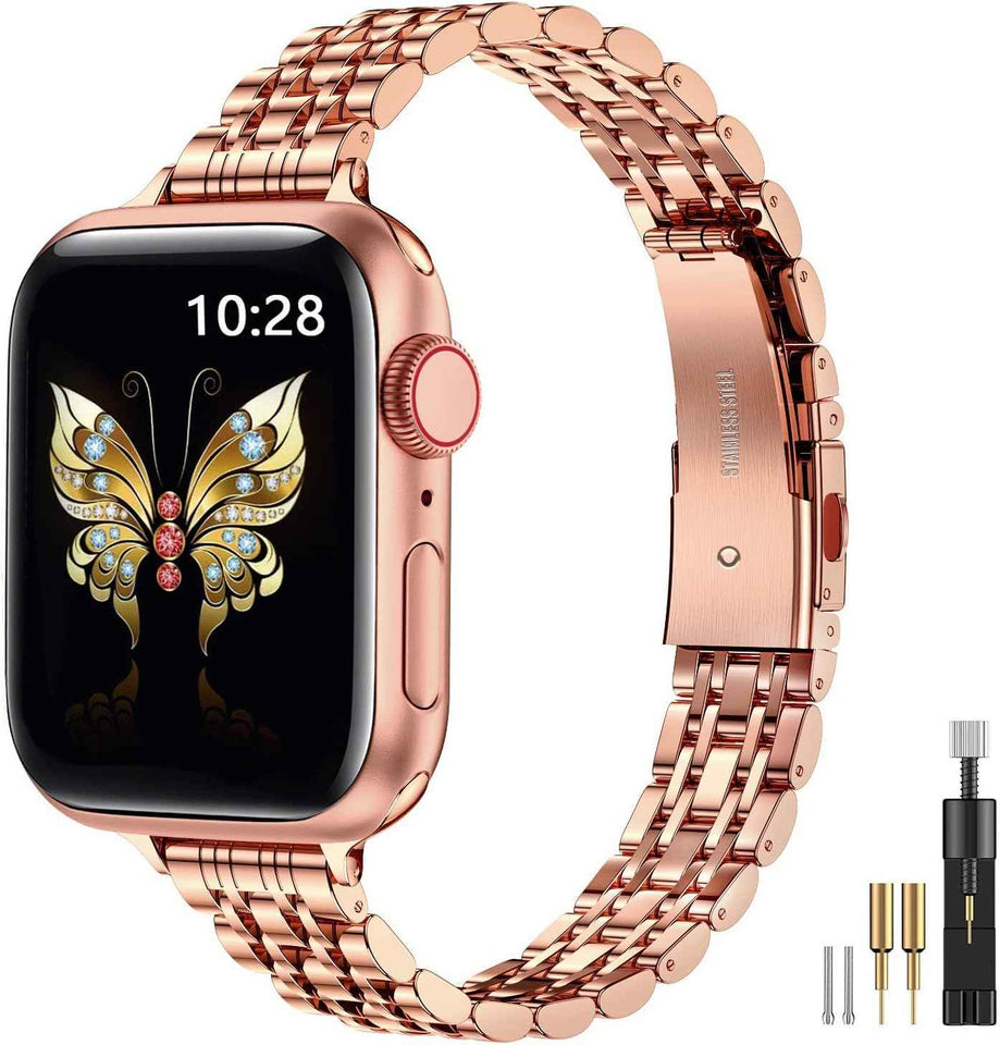 MioHHR Slim Metal Band Compatible with Apple Watch Band 42mm(Series 11 10) 41mm(Series 9 8 7) 40mm(Series 6 5 4 SE3/2/1) 38mm(Series 3 2 1),Stainless Steel iWatch Bands for Women,Silver/Gold