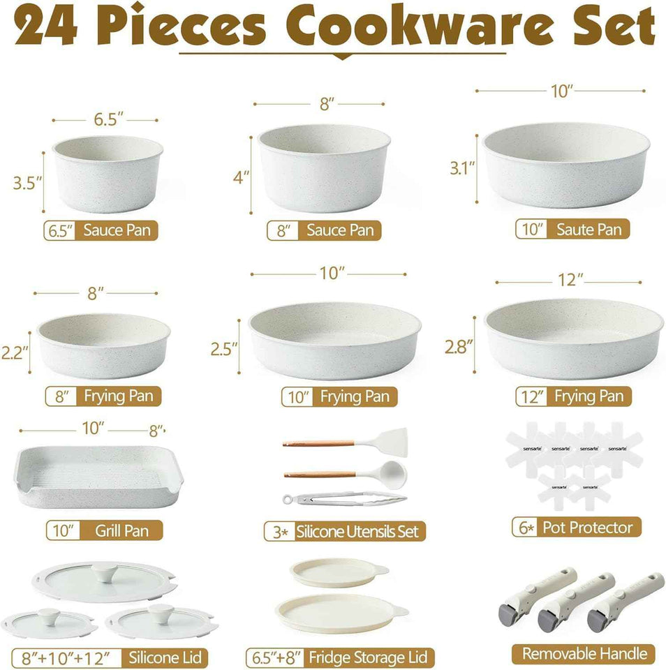 SENSARTE 24 Piece Pots and Pans Set, Nonstick Detachable Handle Cookware, Induction Kitchen Cookware Set with Removable Handle, Healthy Non Stick for RV, Dishwasher ＆ Oven Safe (White)