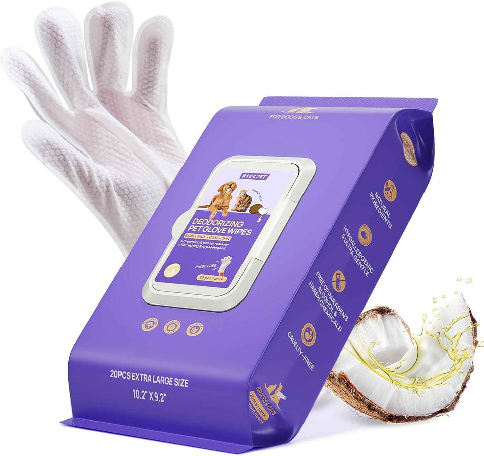 hicc pet cleaning deodorizing glove wipes for dogs & cats, vet recommended, hypoallergenic, coconut oil