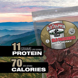 Old Trapper old fashioned beef jerky, tender meat snacks with 11 grams of protein, zero grams of fat, and 70 calories per serving