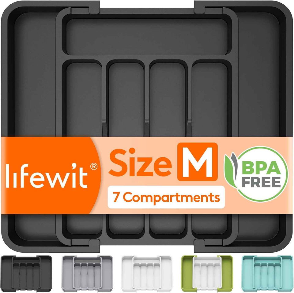Lifewit Silverware Drawer Organizer, Expandable Utensil Tray for Kitchen, BPA Free Flatware and Cutlery Holder, Adjustable Plastic Storage for Spoons Forks Knives, 8.5-14 x 12", Black