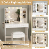 Vabches Vanity Desk with Lights,Makeup Vanity with Power Strip,Dressing Table Set with 2 Large Drawers,Vanity Mirror 3 Lighting Color Adjustable,White