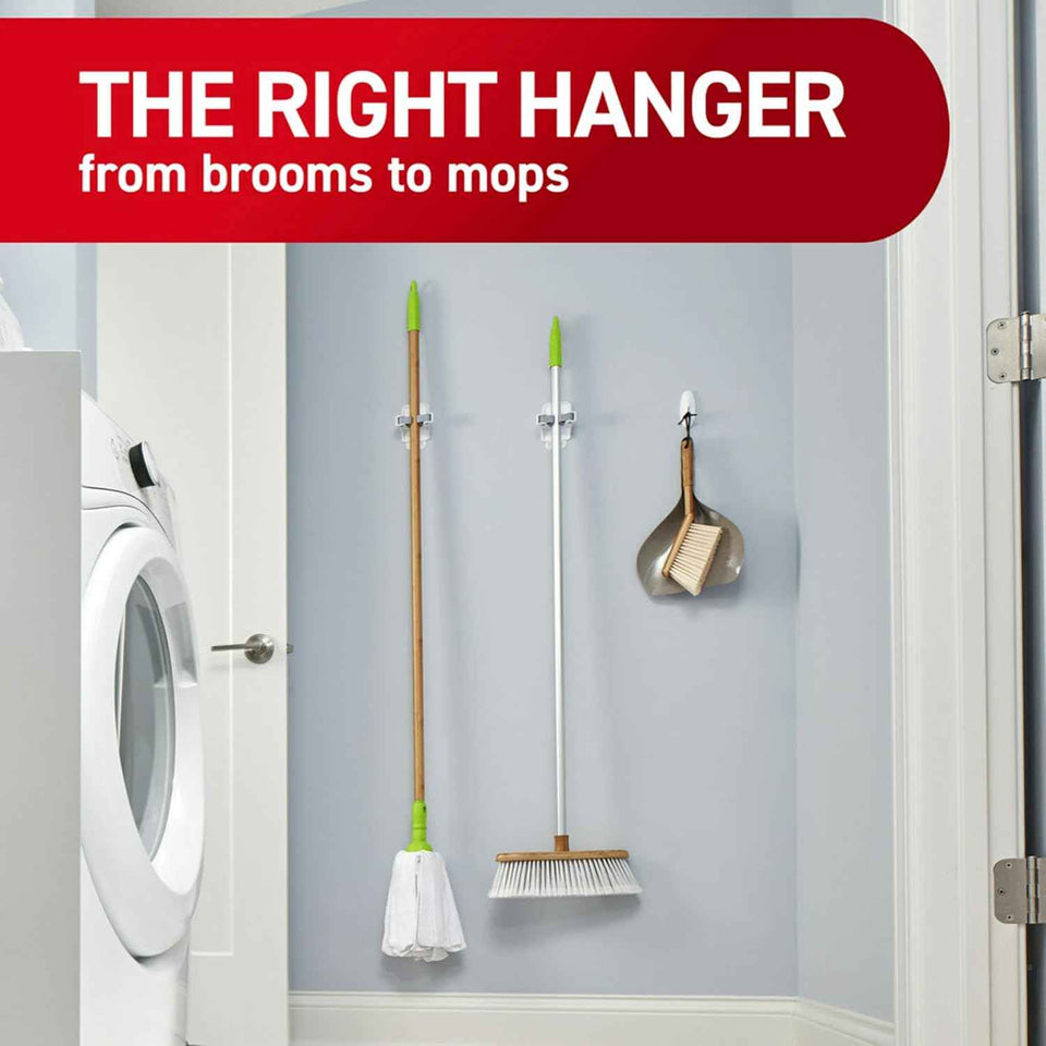 Command Broom and Mop Grippers, 2 Hangers and 4 Strips, Damage-Free Hanging Wall Mount Broom and Mop Holder, Household Cleaning Organizer for Christmas Decorations, Holds up to 4 lb