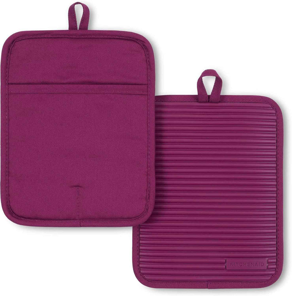KITCHENAID Ribbed Soft Silicone Pot Holder 2-Pack Set, Matte Black, 7"x9"