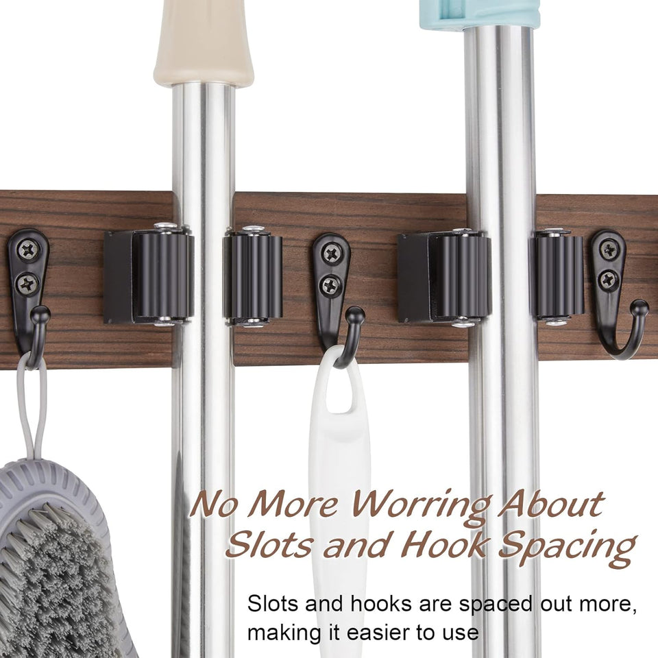 Mop and Broom Holder Wall Mount - Rustic Wood Broom Mop Hanger - Wall Mounted Garden Tool Rack Organizer for Closet Garage Laundry Room Kitchen Decor With 4 Slots & 4 Hooks - Rayz Mart