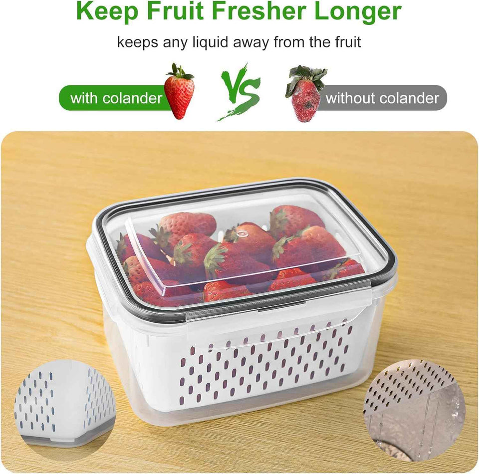 Freshmage Fruit Storage Containers for Fridge with Removable Colander, Airtight Food Storage Container, Dishwasher Safe Produce Saver for Refrigerator, Keep Berry Fruit Fresh Longer 4 pcs Small Clear