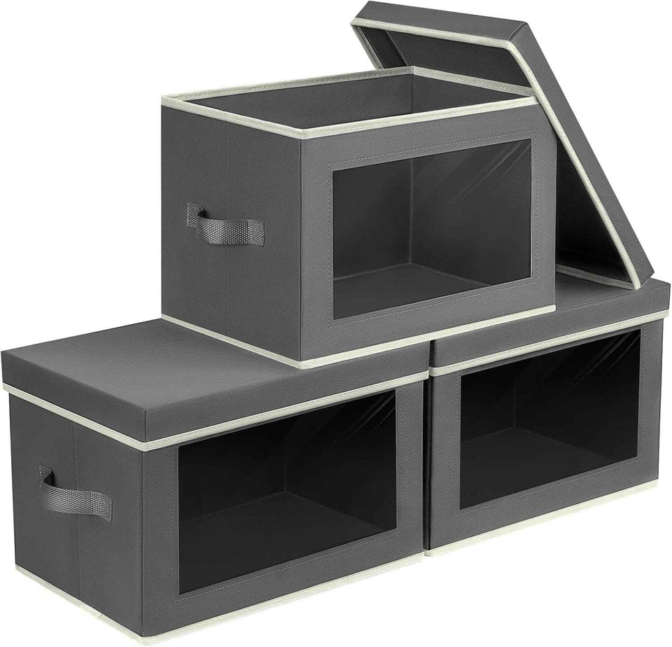 Storage Bins with Lids - Fabric Closet Storage Bins with Window, Collapsible Baskets for Shelves 4 Pack, Home Decorative Boxes for Clothes, Closet, Office, Grey